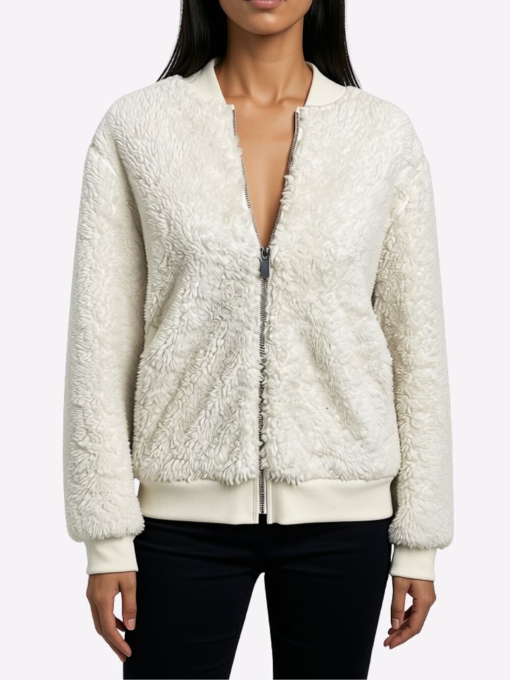 White Sherpa Bomber Zip Up Jacket Size M Outerwear Cozy Comfy Aqua Athletic
